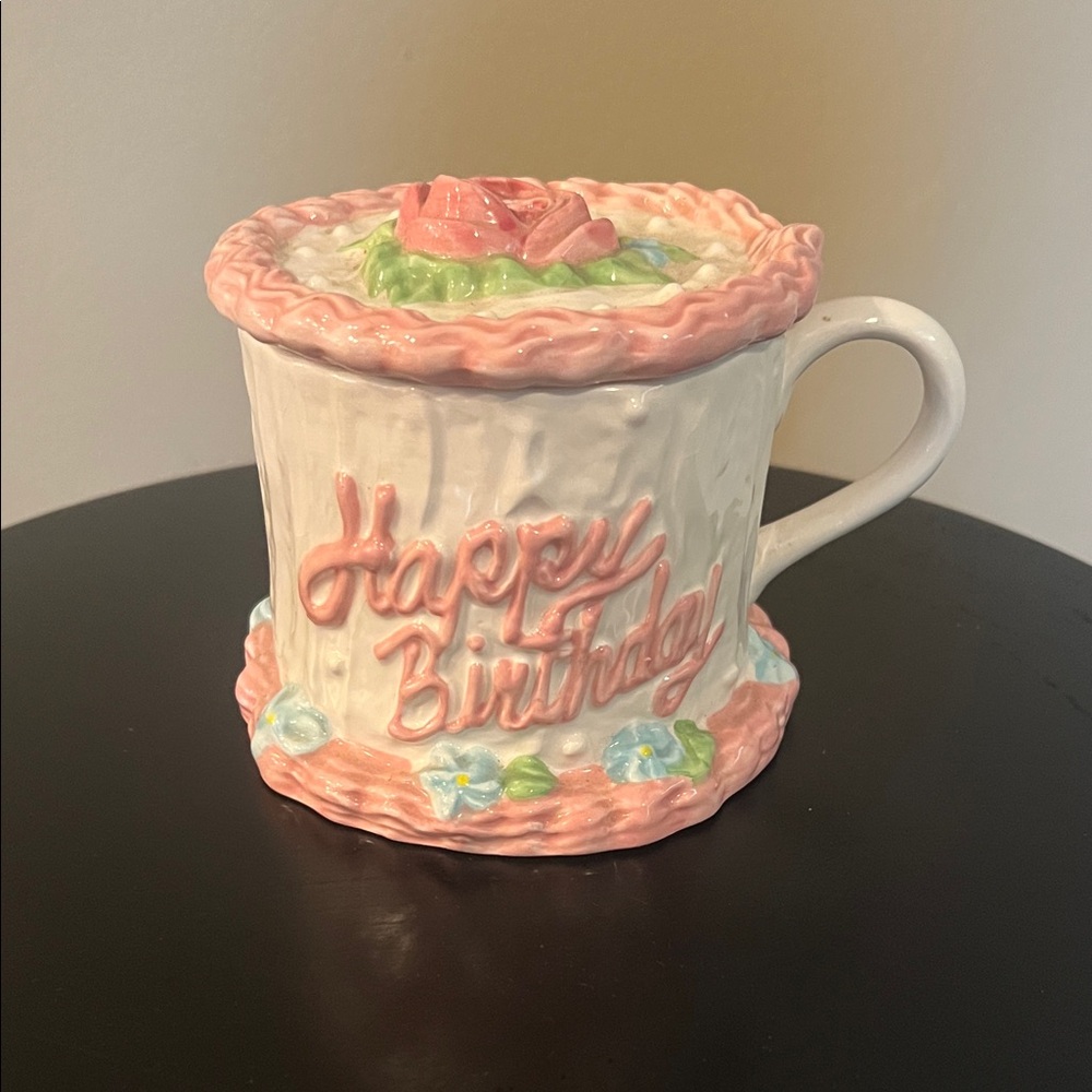 New Retro Vintage Teleflora Happy Birthday Mug - Pink and White